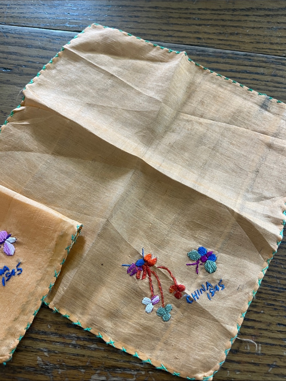 China 1945 World War II souvenir Embroidered Handkerchief with Floral Motif